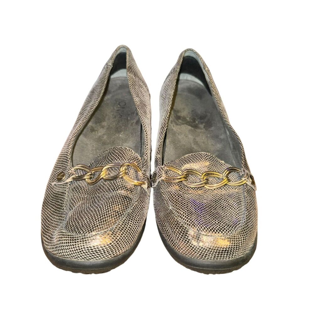 Vionic Alda Loafers Women's 6.5 Silver Snake Embossed Leather Chain Slip On Shoe